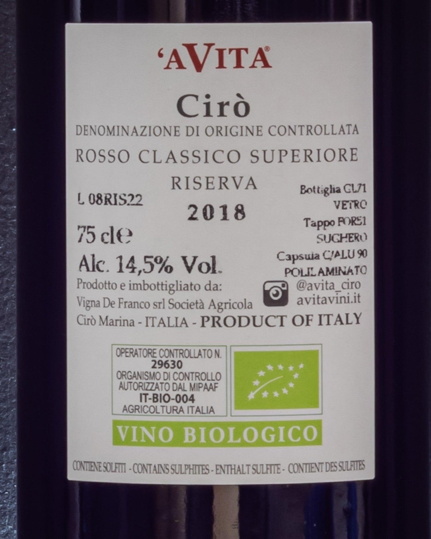 A Vita Cirò Riserva 2018 Gaglioppo Calabria Italia Vino Rosso Retro Etichetta