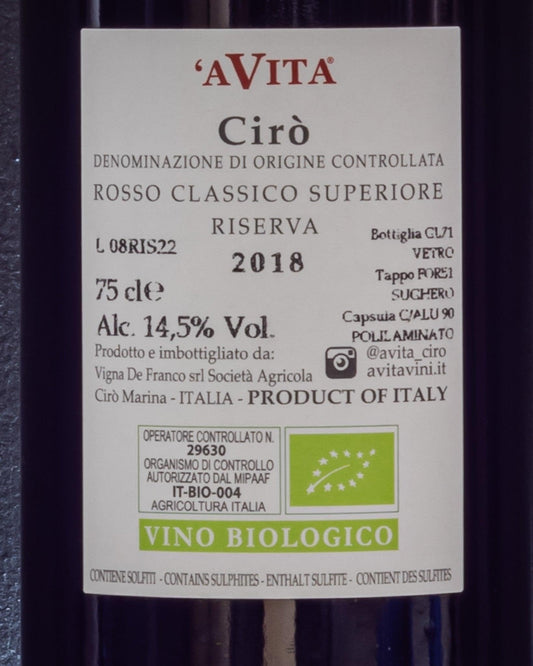 A Vita Cirò Riserva 2018 Gaglioppo Calabria Italia Vino Rosso Retro Etichetta