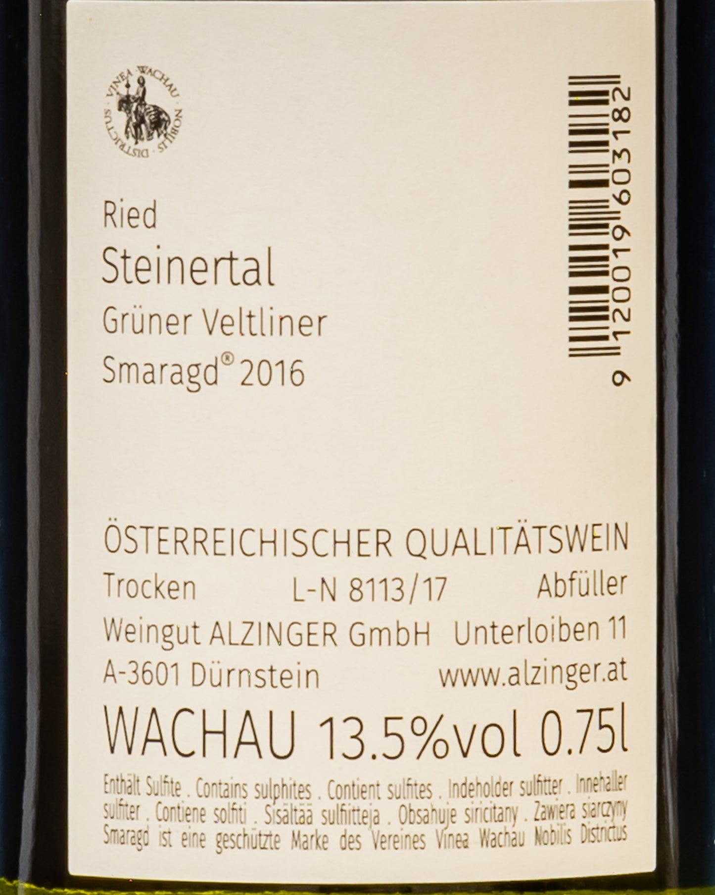 Alzinger Wachau Ried Steinertal Gruner Veltliner 2016 Smaragd Vino Bianco Austria Retro Etichetta