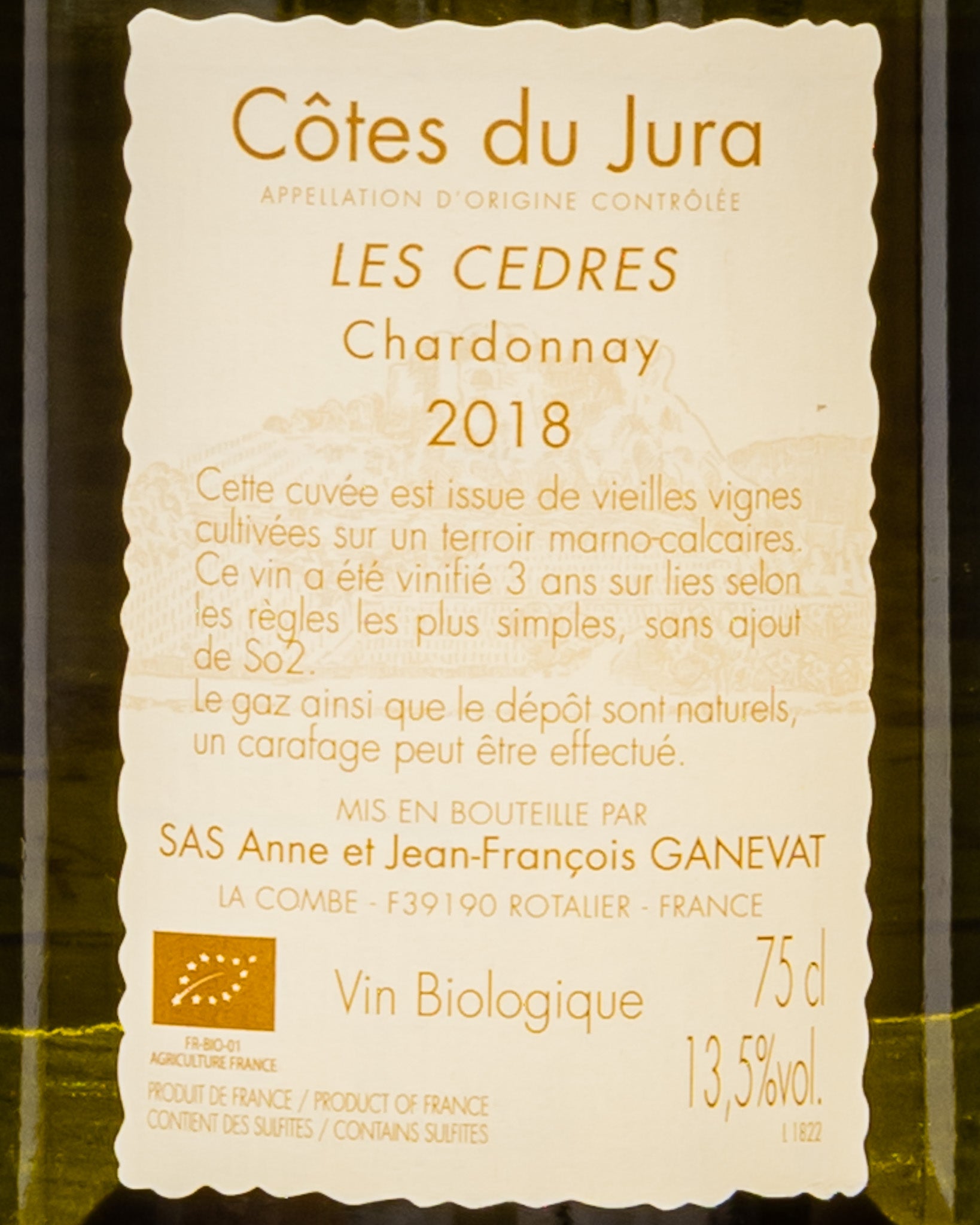 Anne Jean Francois Ganevat Cotes Jura Chardonnay 2018 Les Cedres Vino Bianco Francia Retro Etichetta