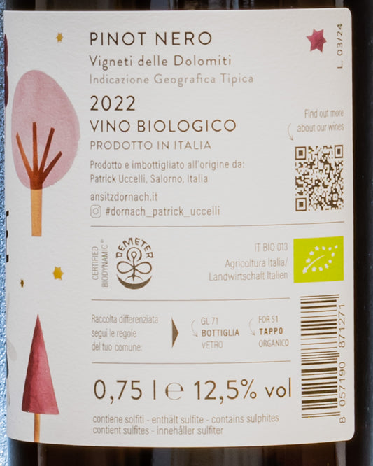 Ansitz Dornach Patrick Uccelli Vigneti Dolomiti Pinot Nero Aurelie Vulcano 2022 Vino Rosso Alto Adige Italia Retro Etichetta