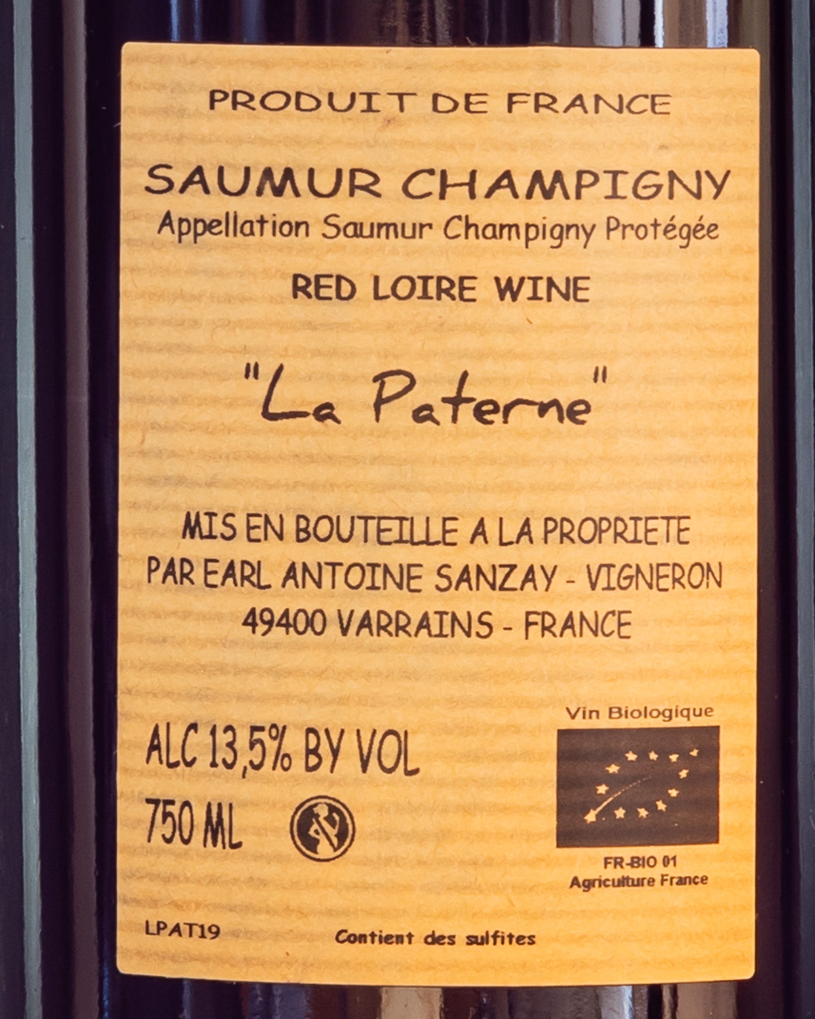 Antoine Sanzay 2019 Saumur Champigny Paterne Cabernet Franc Vino Rosso Loira Francia Retro Etichetta