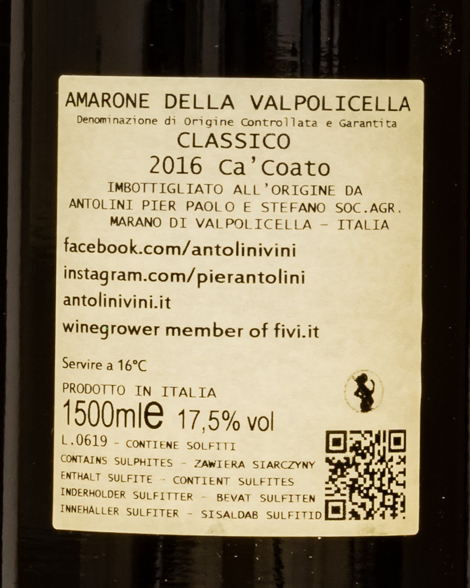 Antolini Amarone della Valpolicella 2016 Magnum Corvina Corvinone Rondinella Molinara Ca Coato Vino Rosso Veneto Italia Retro Etichetta
