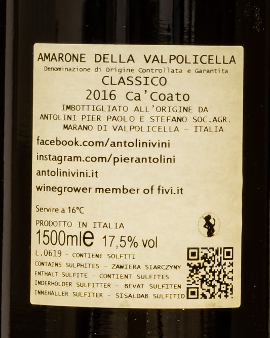 Antolini Amarone della Valpolicella 2016 Magnum Corvina Corvinone Rondinella Molinara Ca Coato Vino Rosso Veneto Italia Retro Etichetta