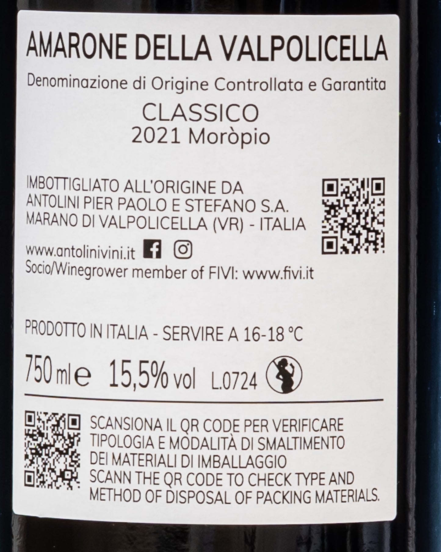 Antolini Amarone della Valpolicella 2021 Moròpio Corvina Corvinone Rondinella Valpolicella Veneto Vino Rosso Italia Retro Etichetta