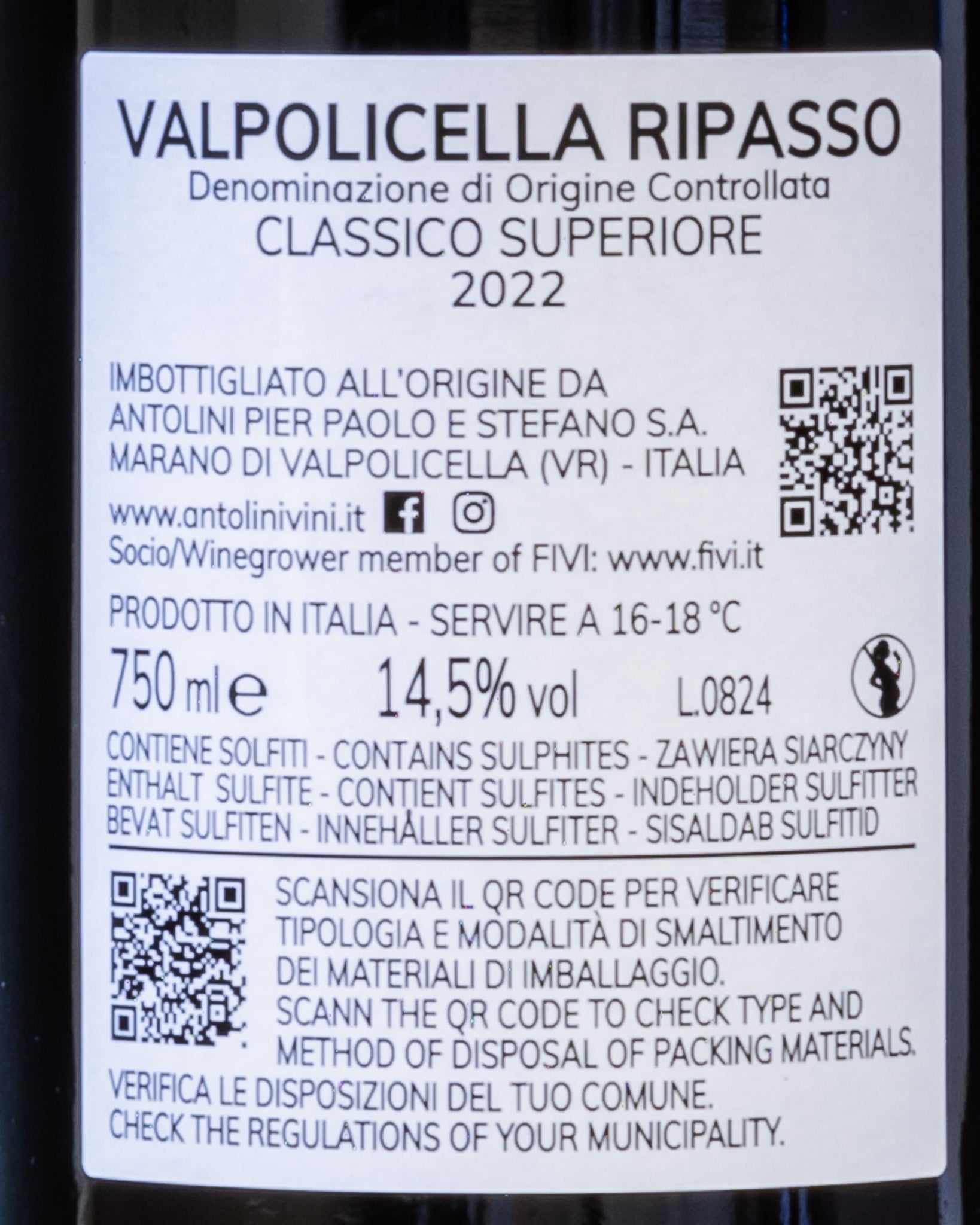 Antolini Valpolicella Classico Superiore Ripasso 2022 Corvina Corvinone Rondinella Molinara Vino Rosso Veneto Italia Retro Etichetta