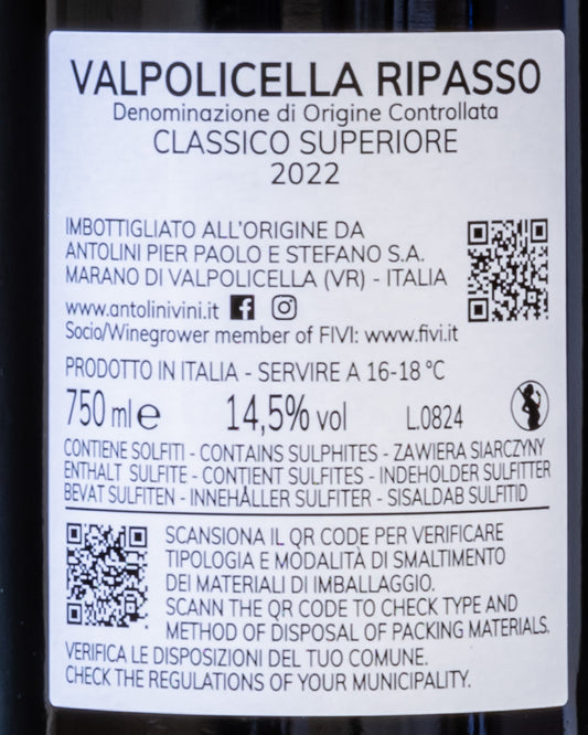 Antolini Valpolicella Classico Superiore Ripasso 2022 Corvina Corvinone Rondinella Molinara Vino Rosso Veneto Italia Retro Etichetta