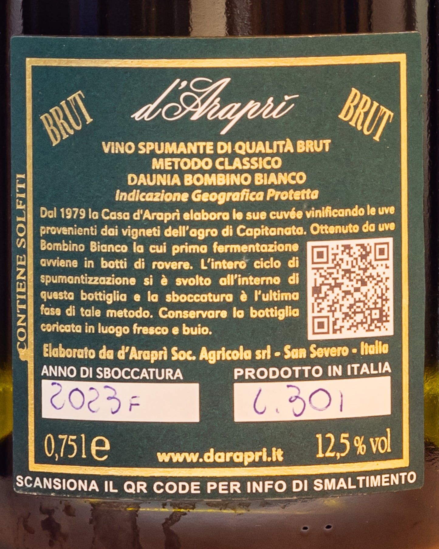 Arapri Spumante Metodo Classico Riserva Nobile 2018 Bombino Bianco Brut Puglia Italia Retro Etichetta Vino