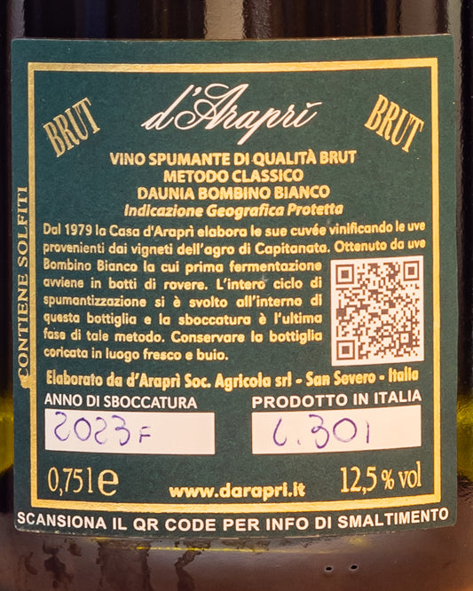 Arapri Spumante Metodo Classico Riserva Nobile 2018 Bombino Bianco Brut Puglia Italia Retro Etichetta Vino