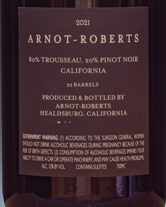 Arnot Roberts Trousseau Pinot Nero California USA vino rosso 2021 retro etichetta
