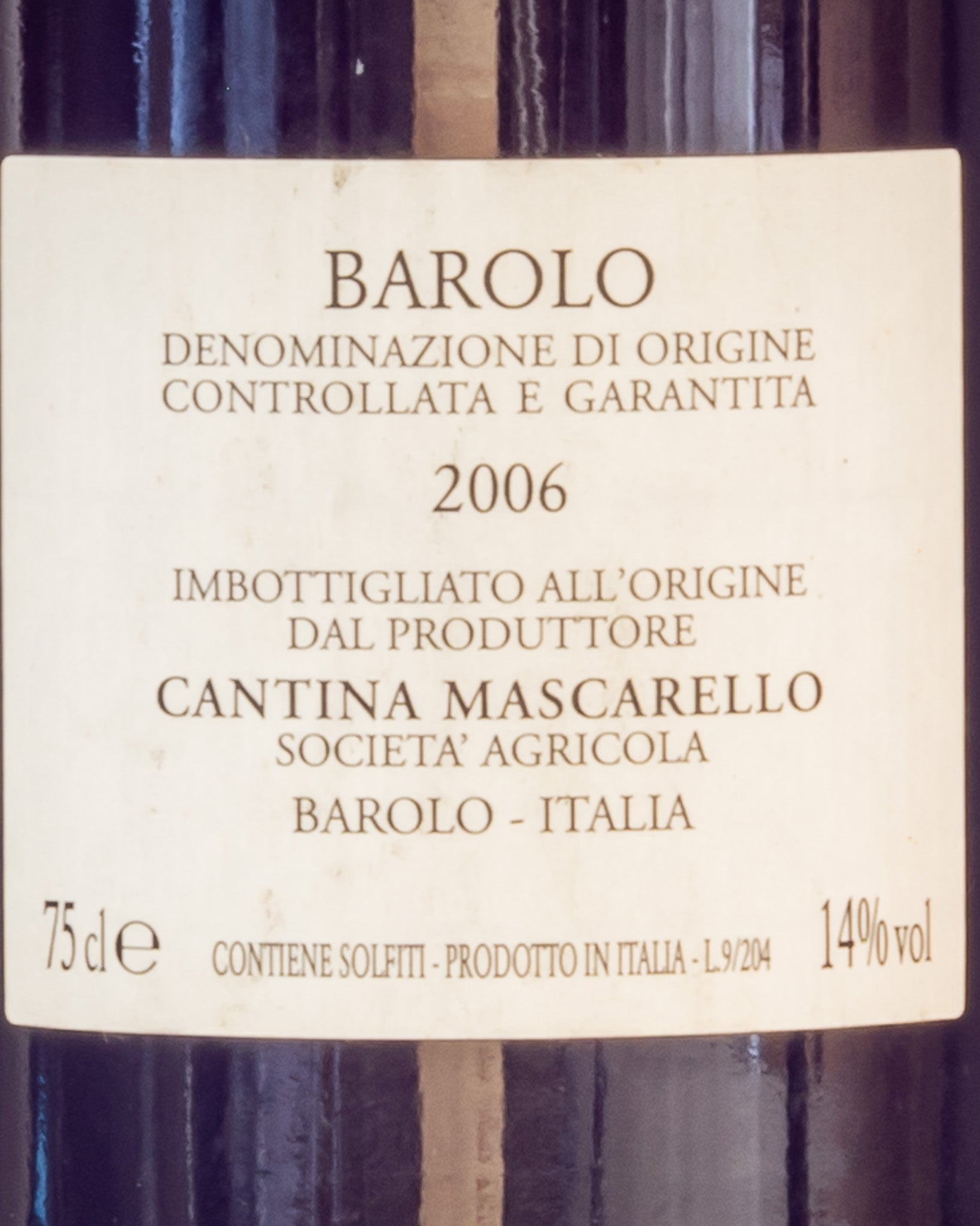 Bartolo Mascarello Barolo 2006 Langhe Nebbiolo Vino Rosso Piemonte Italia Retro Etichetta