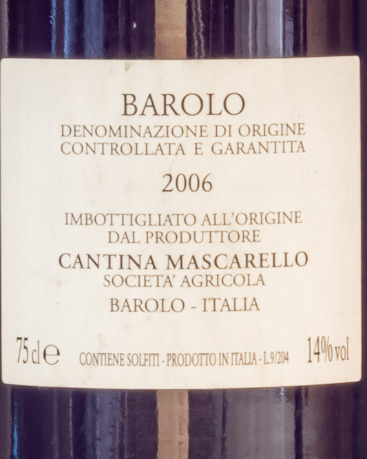 Bartolo Mascarello Barolo 2006 Langhe Nebbiolo Vino Rosso Piemonte Italia Retro Etichetta