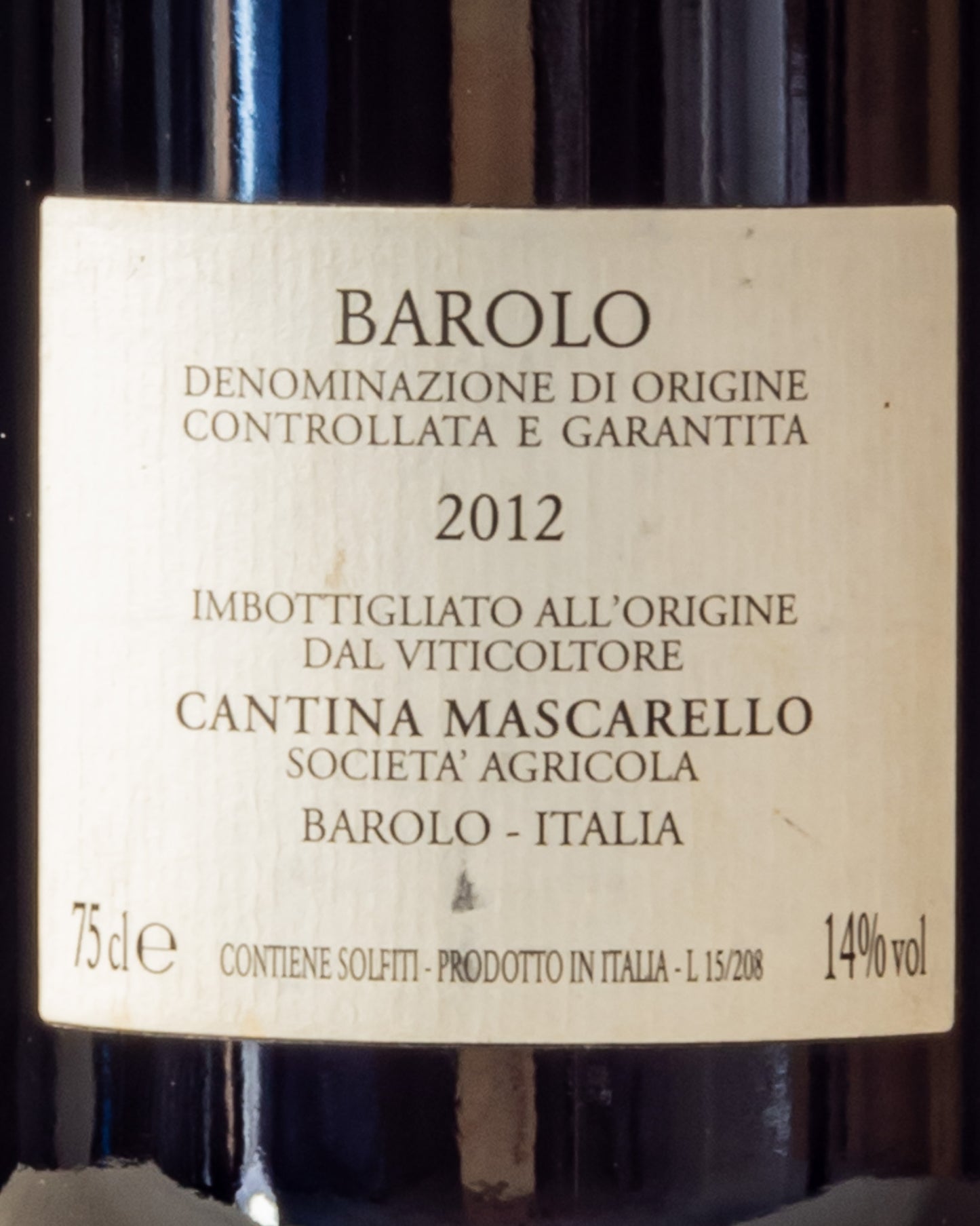 Bartolo Mascarello Barolo 2012 Nebbiolo Langhe Piemonte Vino Rosso Italia Retro Etichetta