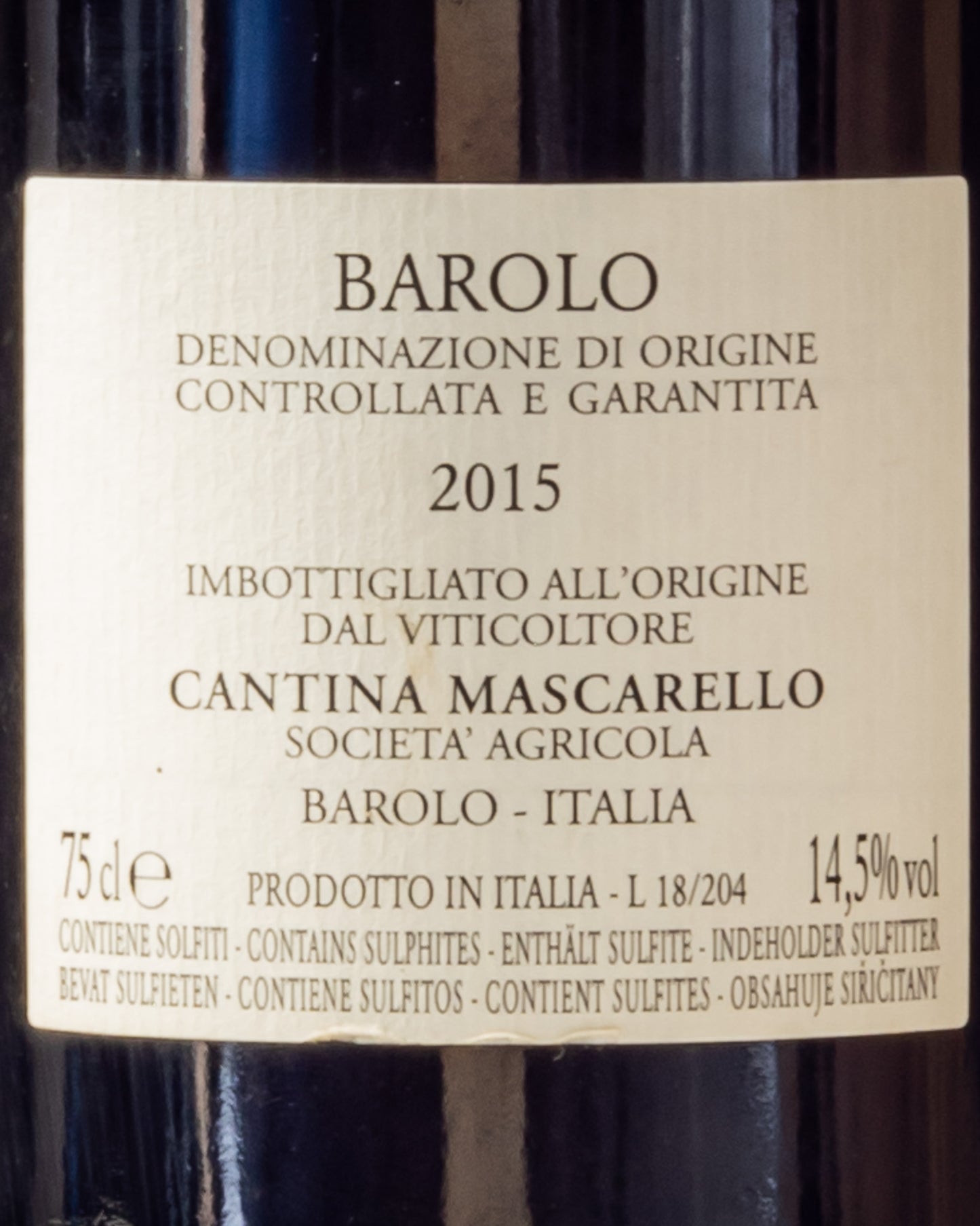 Bartolo Mascarello Barolo 2015 Nebbiolo Langhe Piemonte Vino Rosso Italia Retro Etichetta