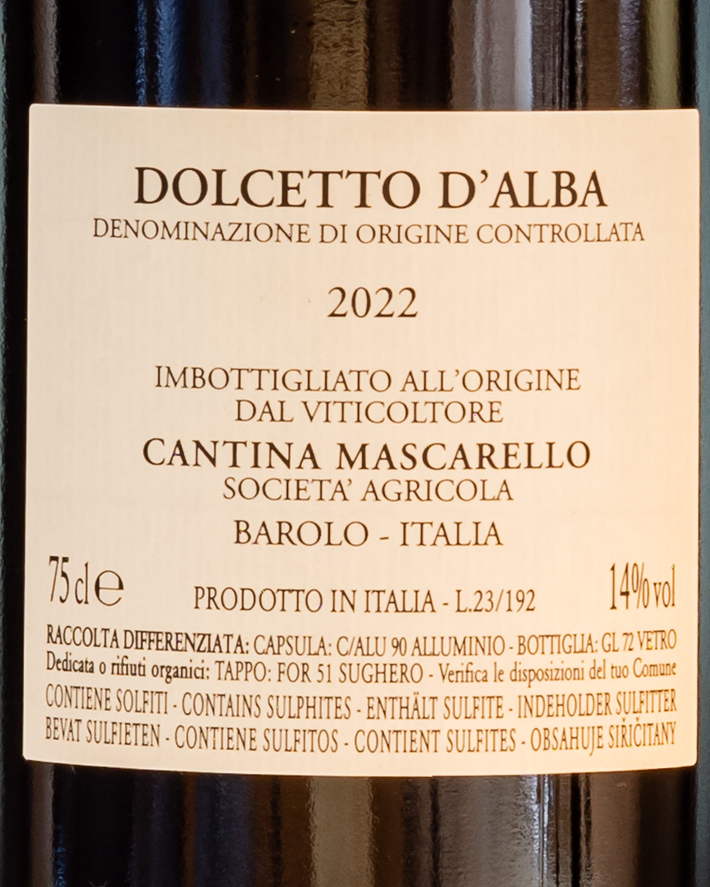 Bartolo Mascarello Dolcetto Alba Vino Rosso Langhe Piemonte Italia 2022 Retro Etichetta