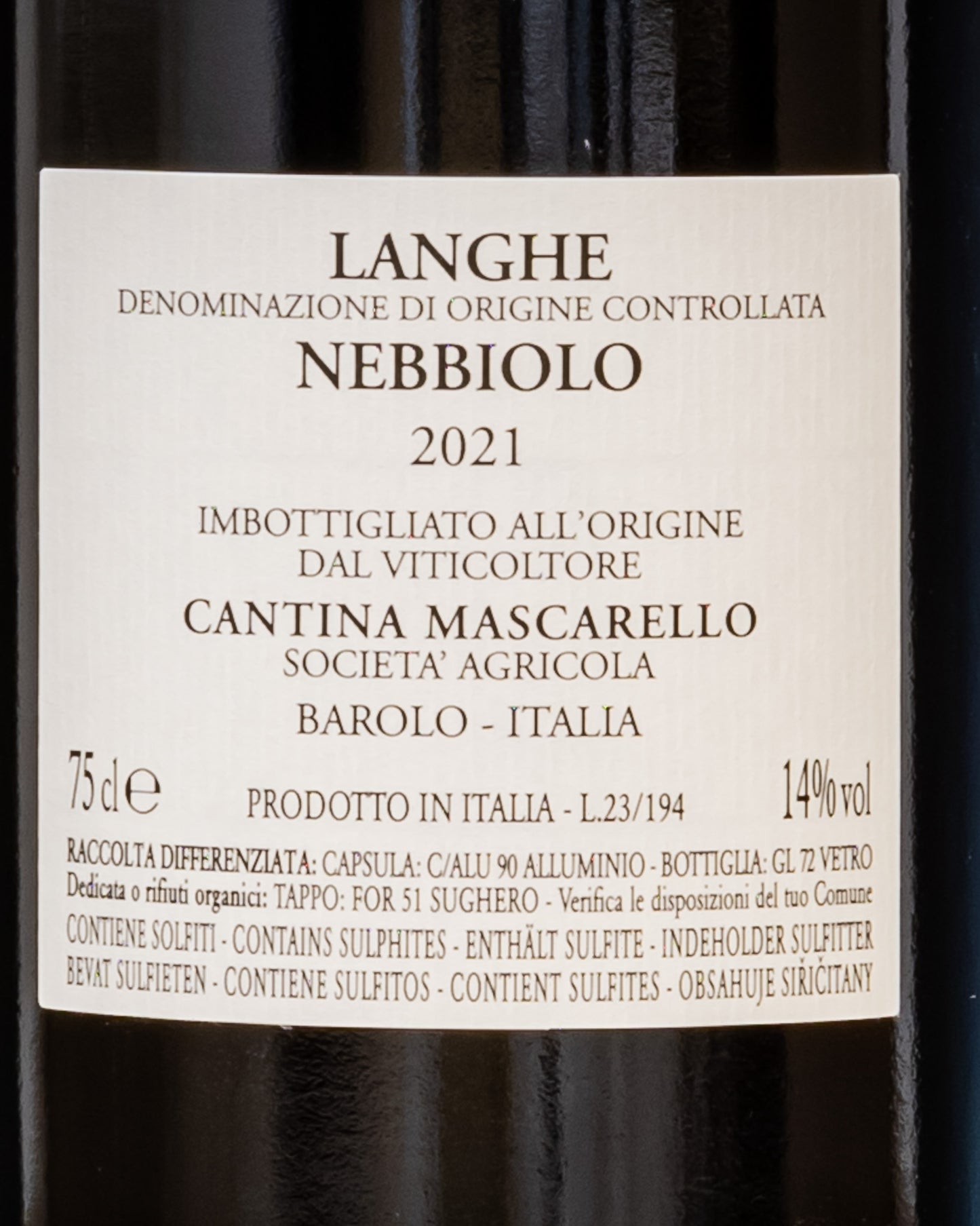 Bartolo Mascarello Langhe Nebbiolo 2021 Vino Rosso Piemonte Italia Retro Etichetta