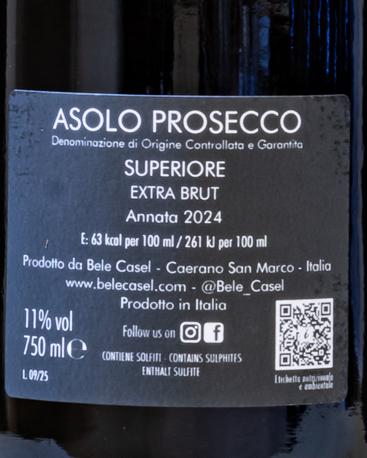 Bele Casel Asolo Prosecco Superiore Extra Brut 2024 Metodo Charmat Glera Vino Frizzante Veneto Italia Retro Etichetta