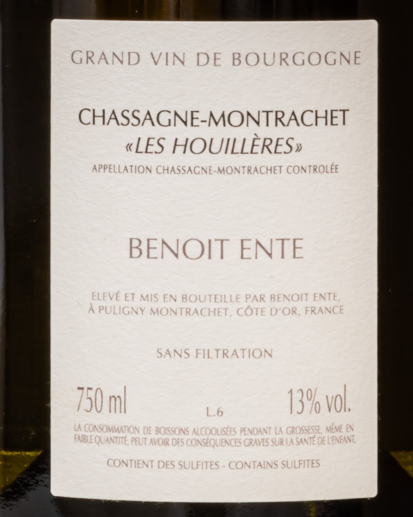 Benoit Ente Chassagne Montrachet Les Houilleres 2020 Chardonnay Borgogna Francia Vino Bianco Retro Etichetta