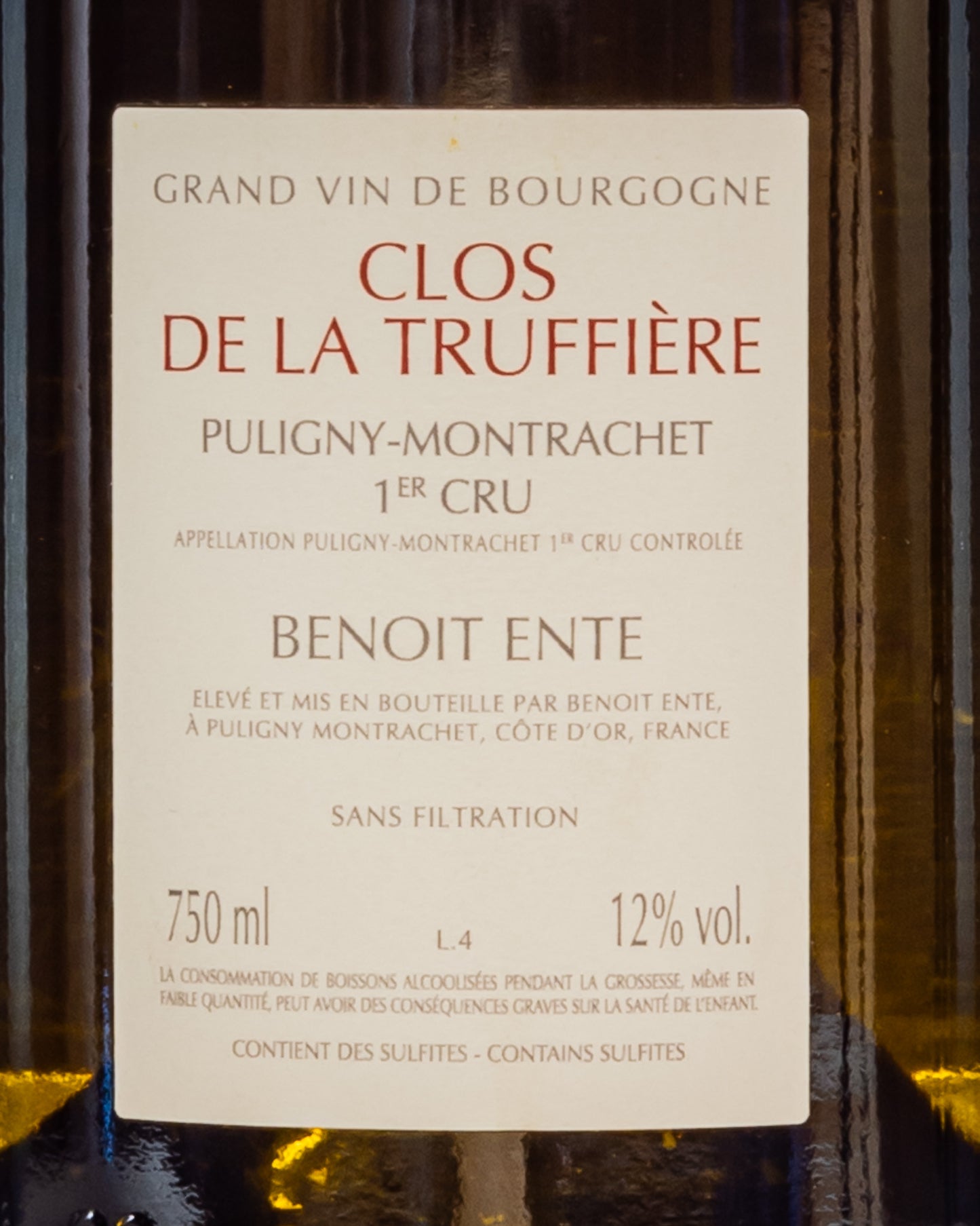 Benoit Ente Puligny Montrachet 1er Cru Clos Truffiere 2020 Chardonnay Vino Bianco Borgogna Francia Retro Etichetta