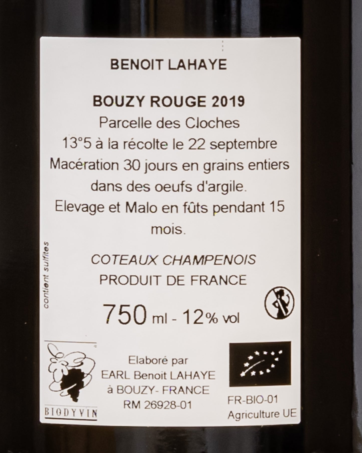Benoit Lahaye Coteaux Champenois 2019 Bouzy Rouge Pinot Noir Nero Champagne Vino Rosso Francia Retro Etichetta