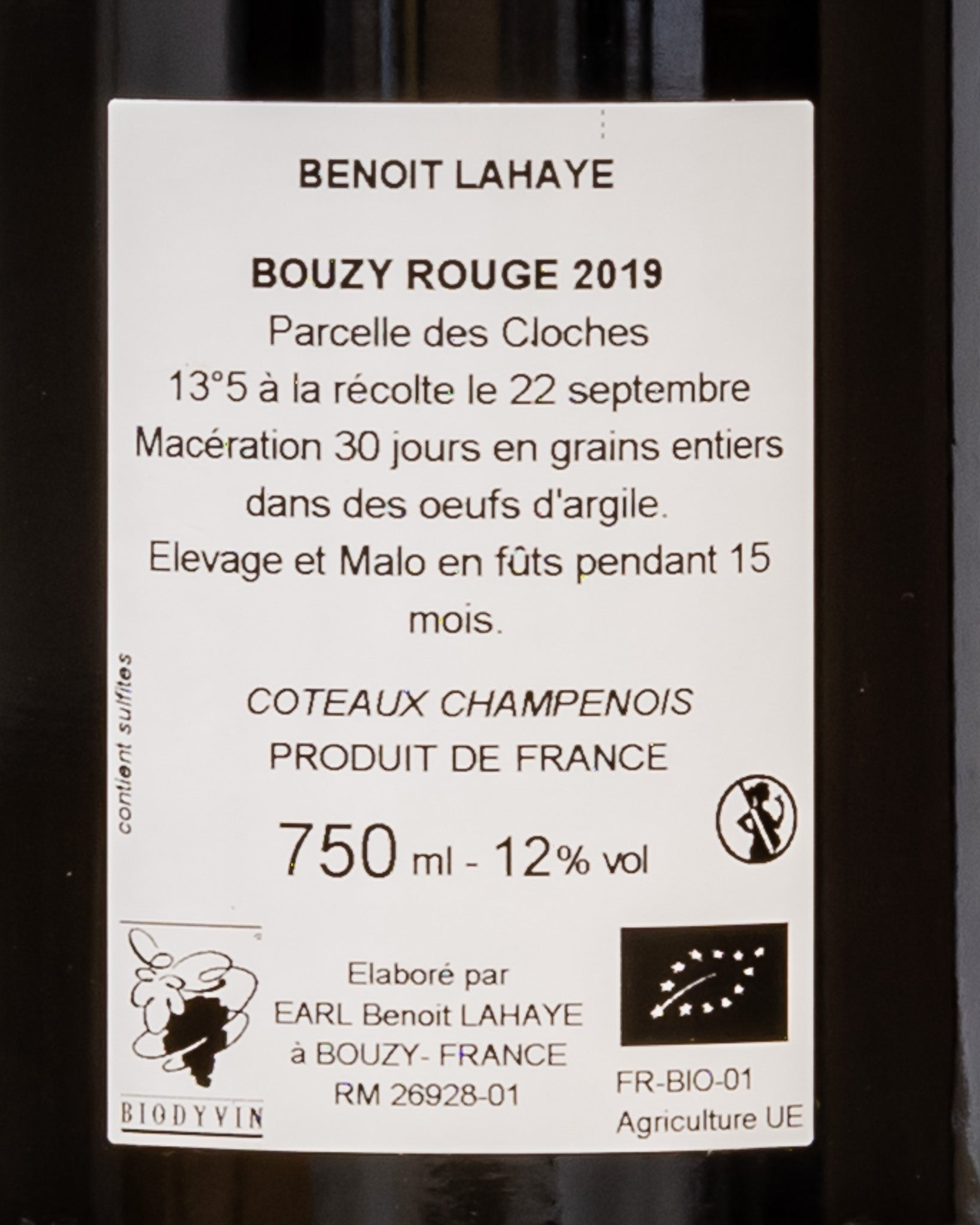 Benoit Lahaye Coteaux Champenois 2019 Bouzy Rouge Pinot Noir Nero Champagne Vino Rosso Francia Retro Etichetta