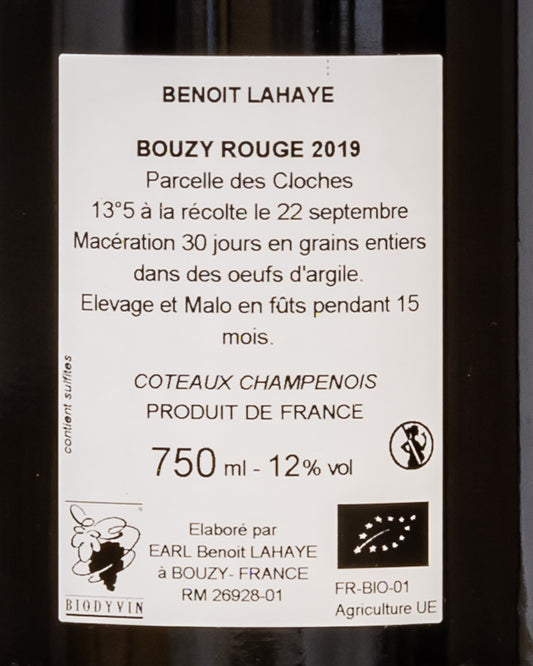Benoit Lahaye Coteaux Champenois 2019 Bouzy Rouge Pinot Noir Nero Champagne Vino Rosso Francia Retro Etichetta