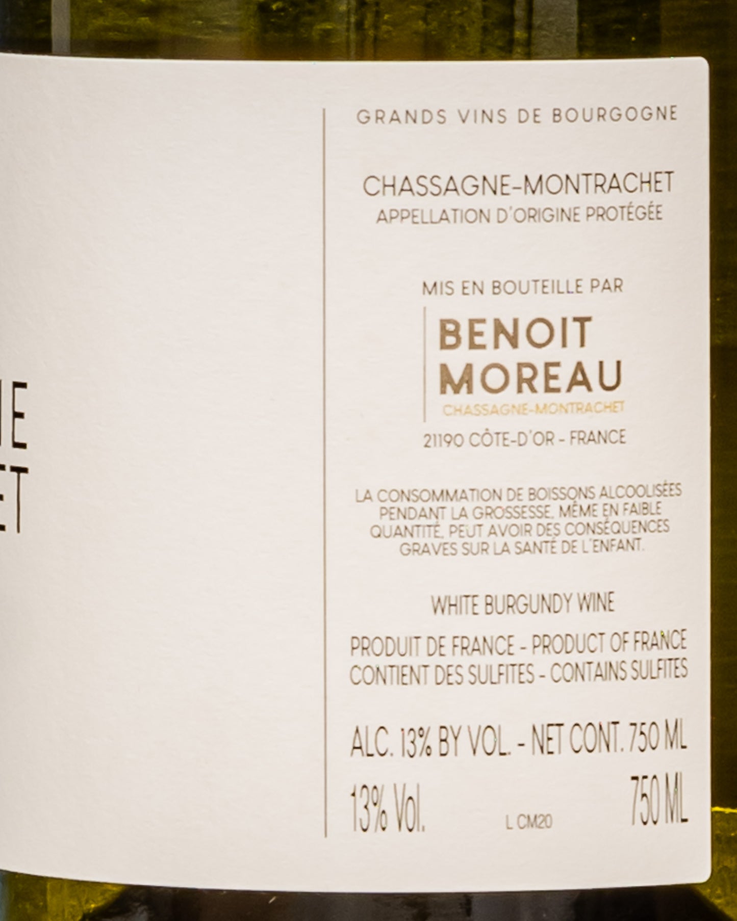 Benoit Moreau Chassagne Montrachet 2020 Chardonnay Vino Bianco Borgogna Francia Retro Etichetta