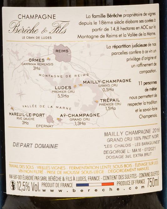 Bereche Champagne Extra Brut Grand Cru Mailly Millesime 2016 Pinot Noir Nero Francia Vino Retro Etichetta