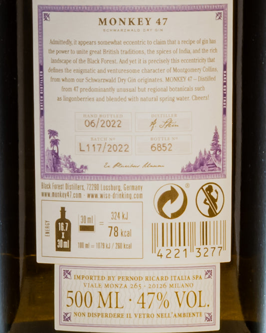 Black Forest Distillers Monkey 47 Schwarzwald Dry Gin Germania Distillato Retro Etichetta