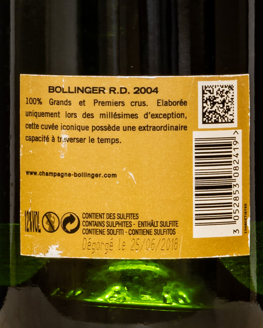 Bollinger Champagne Extra Brut RD 2004 Pinot Noir Nero Chardonnay Vino Francia Retro Etichetta