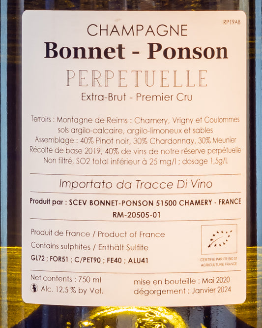 Bonnet Ponson Champagne Cuvee Perpetuelle Pinot Noir Nero Meunier Chardonnay Solera Extra Brut Premier Cru Vino Francia Retro Etichetta