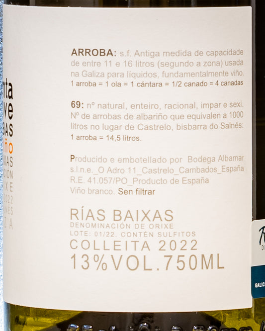 Botegas Albamar Albarino 2022 Sesenta e Nove Arrobas Galizia Rias Baixas Vino Bianco Spagna Lato Etichetta