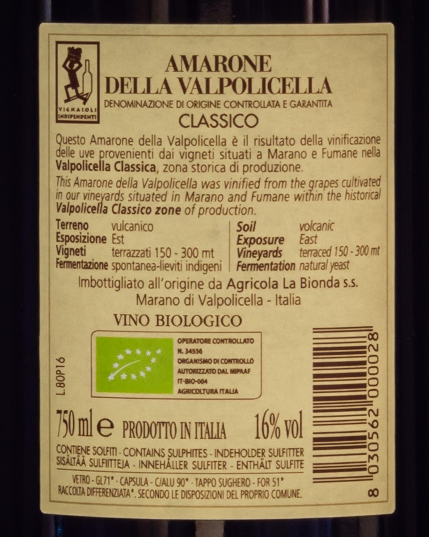 Ca Bionda Amarone Valpolicella 2016 Corvina Corvinone Rondinella Molinara Veneto Italia Vino Rosso Retro Etichetta