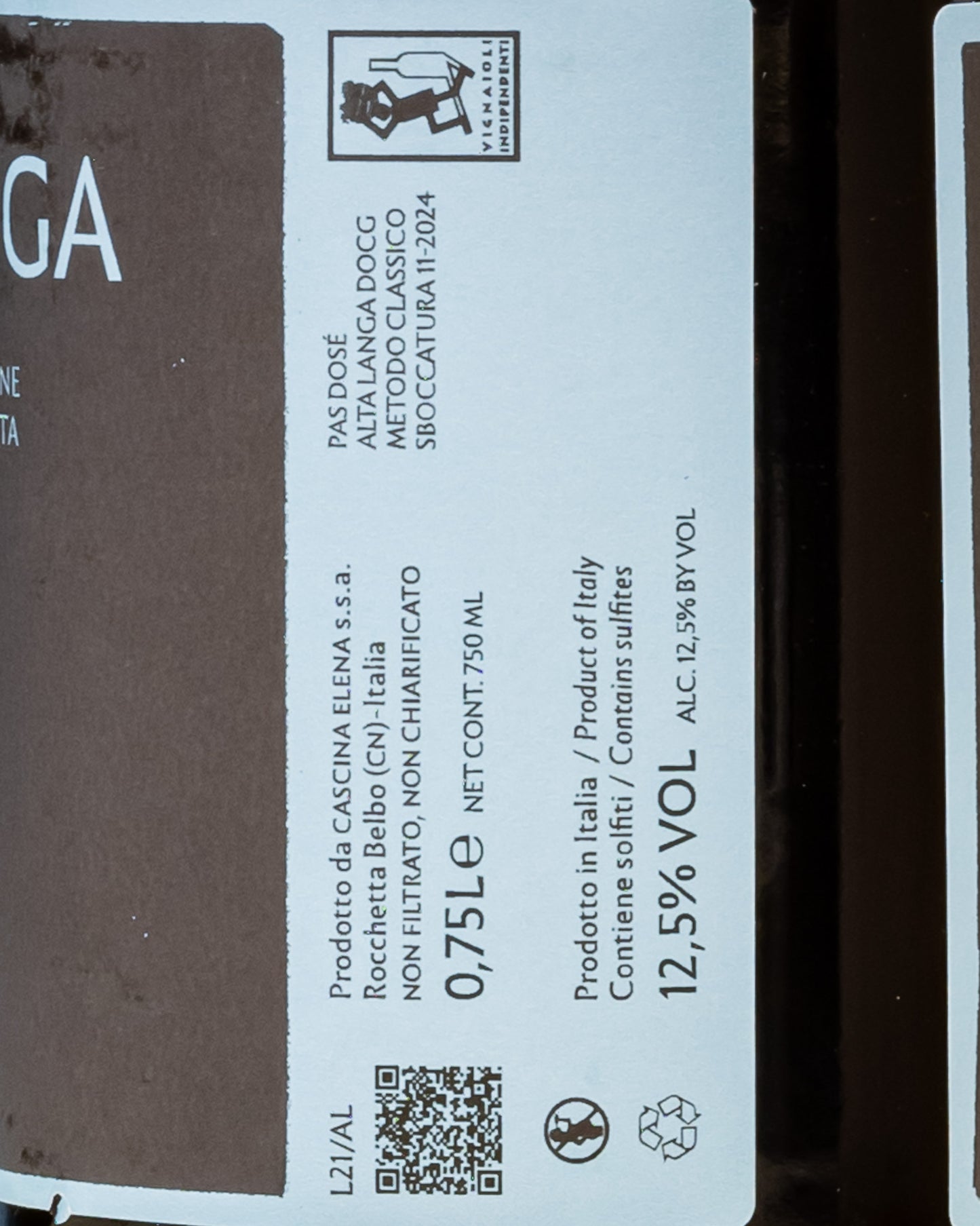 Cascina Elena Alta Langa Pas Dose 2021 Chardonnay Rocchetta Belbo Langhe Vino Spumante Metodo Classico Piemonte Italia Retro Etichetta 2