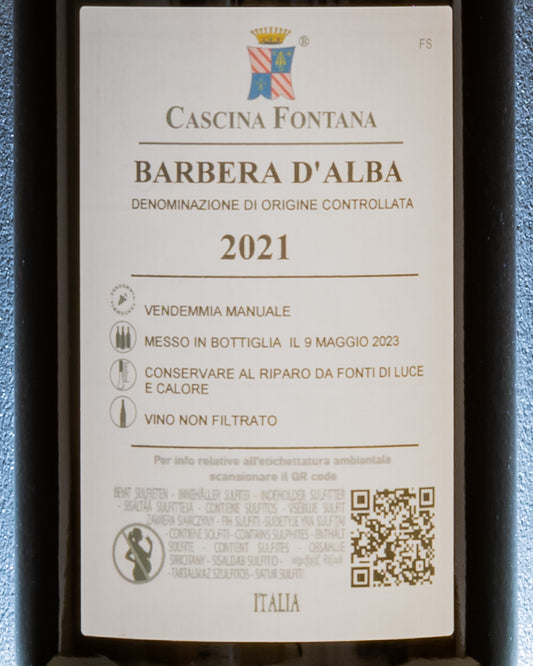 Cascina Fontana Barbera Alba 2021 Langhe Piemonte Vino Rosso Italia Retro Etichetta