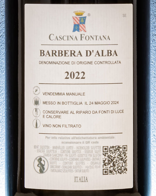 Cascina Fontana Barbera Alba Langhe Piemonte Vino Rosso Italia 2022 Retro Etichetta