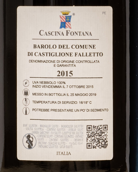 Cascina Fontana Barolo 2015 Castiglione Falletto Magnum Nebbiolo Langhe Piemonte Vino Rosso Grandi Formati Italia Retro Etichetta