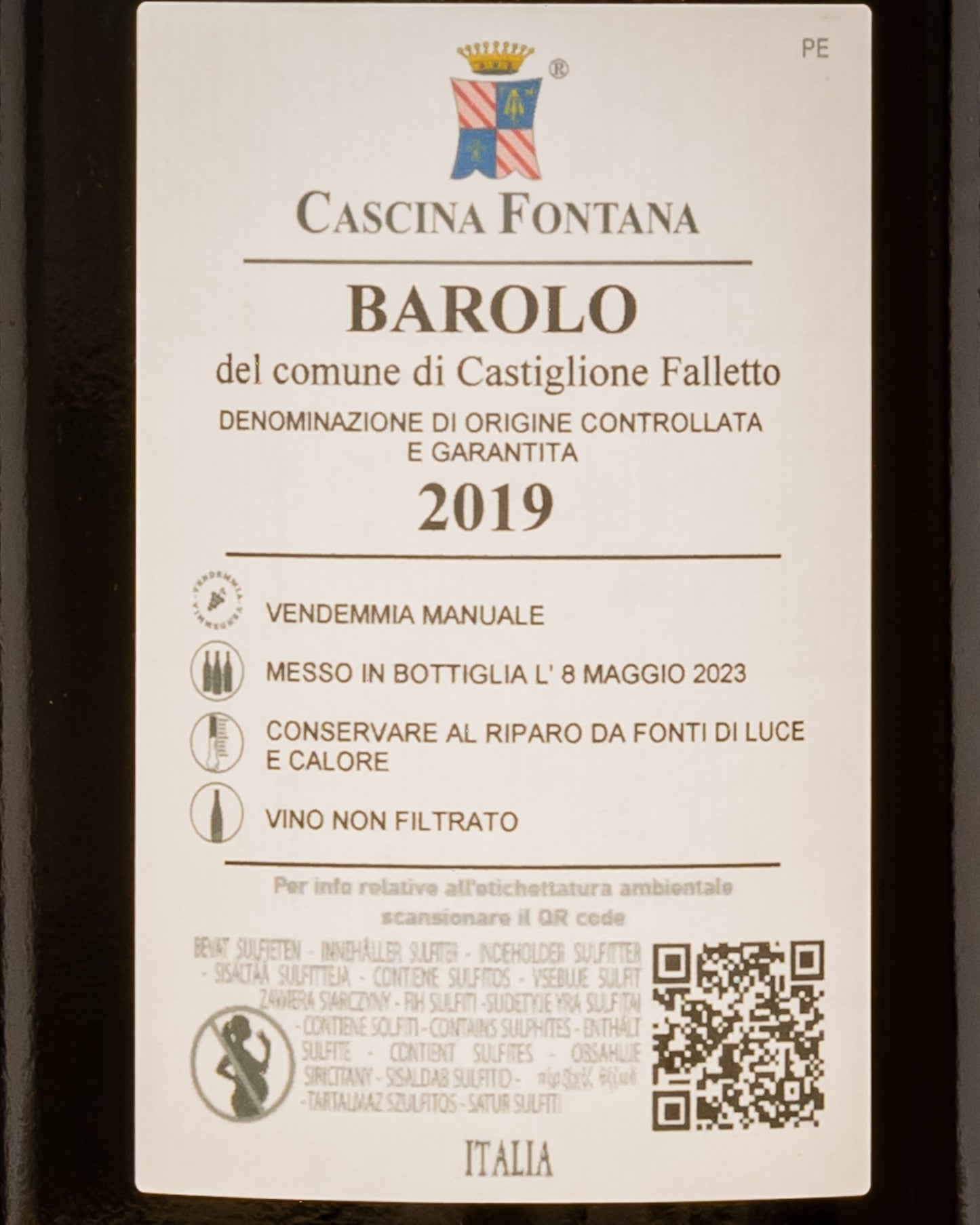 Cascina Fontana Barolo 2019 Comune Castiglione Falletto Magnum Nebbiolo Langhe Piemonte Vino Rosso Grandi Formati Italia Retro Etichetta