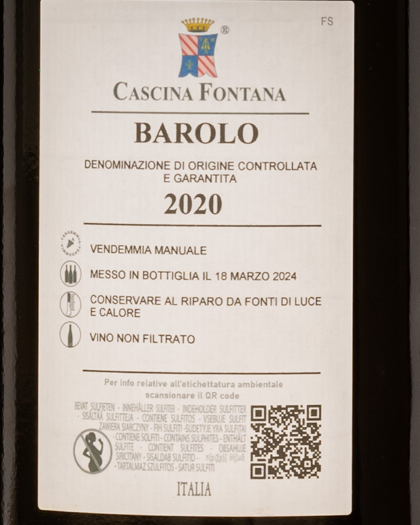 Cascina Fontana Barolo 2020 Nebbiolo Langhe Piemonte Vino Rosso Magnum Grandi Formati Italia Retro Etichetta