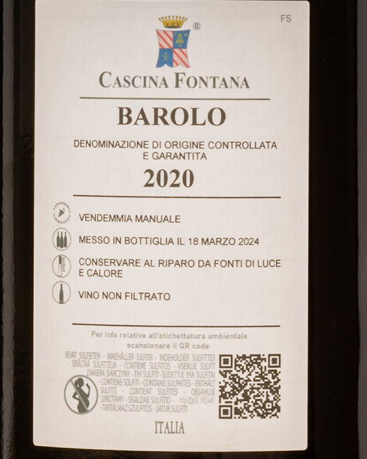 Cascina Fontana Barolo 2020 Nebbiolo Langhe Piemonte Vino Rosso Magnum Grandi Formati Italia Retro Etichetta