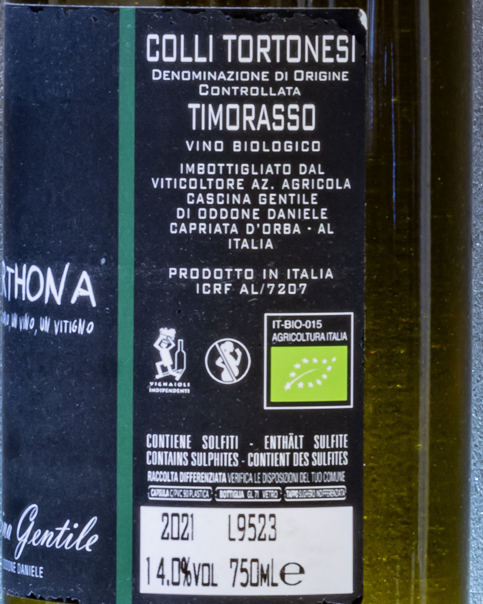Cascina Gentila Derhona Colli Tortonesi Timorasso 2021 Piemonte Vino Bianco Italia Retro Etichetta