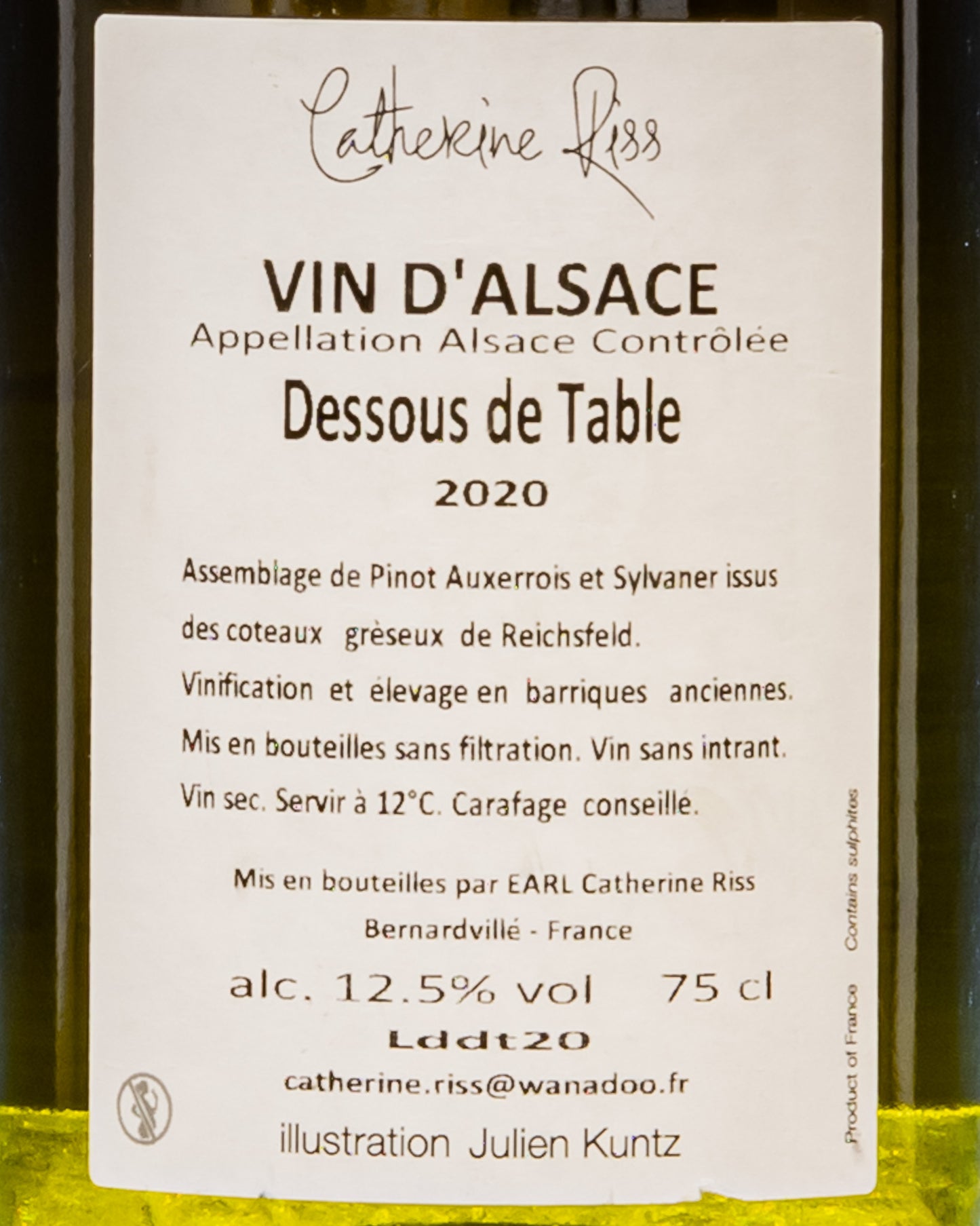 Catherine Riss Vin Alsace Dessous Table 2020 Pinot Auxerrois Sylvaner Vino Bianco Alsazia Francia Retro Etichetta