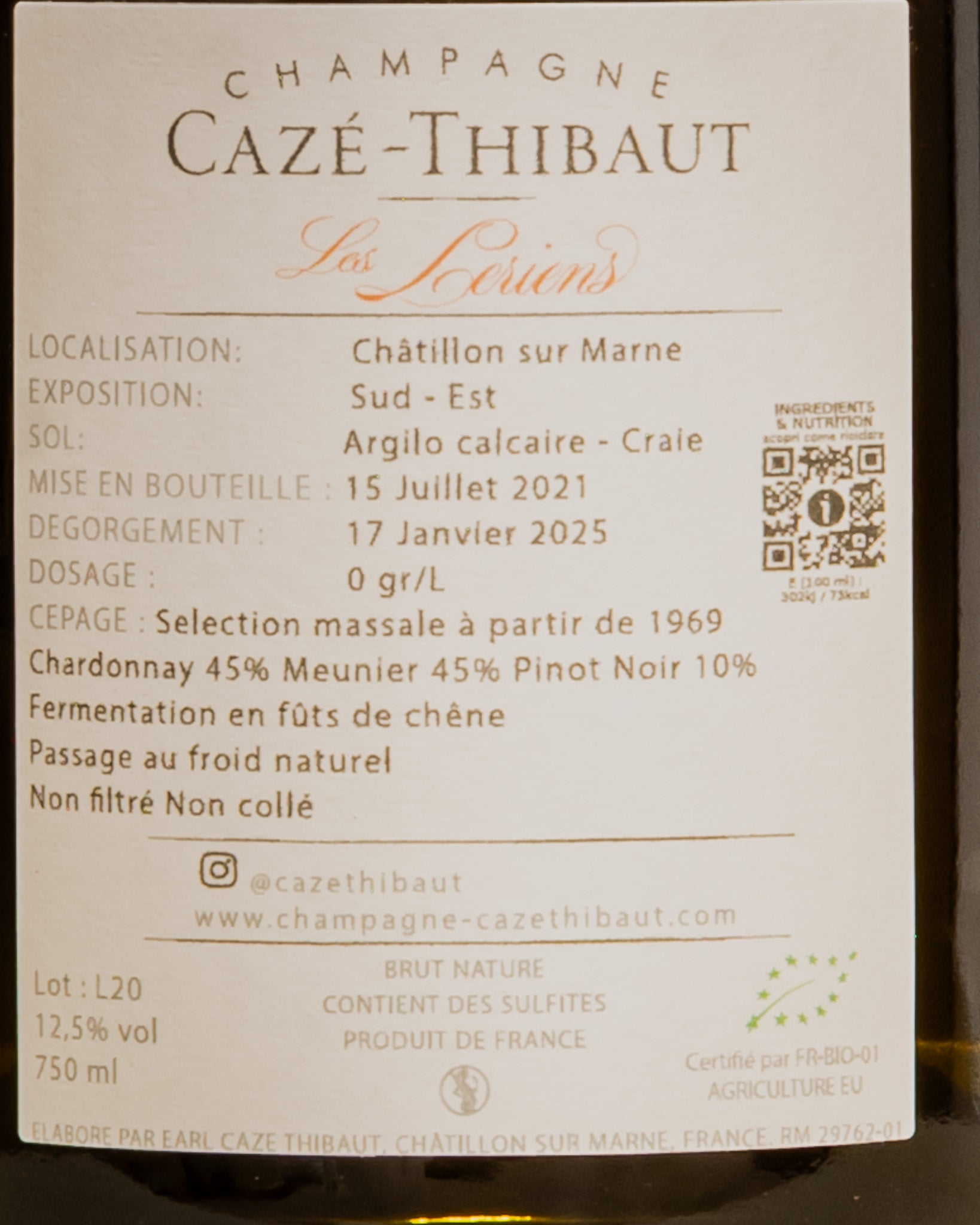 Caze Thibaut Champagne Les Leriens Pas Dose 2020 Chardonnay Meunier Pinot Noir Nero Valle Marne Vino Francia Retro Etichetta