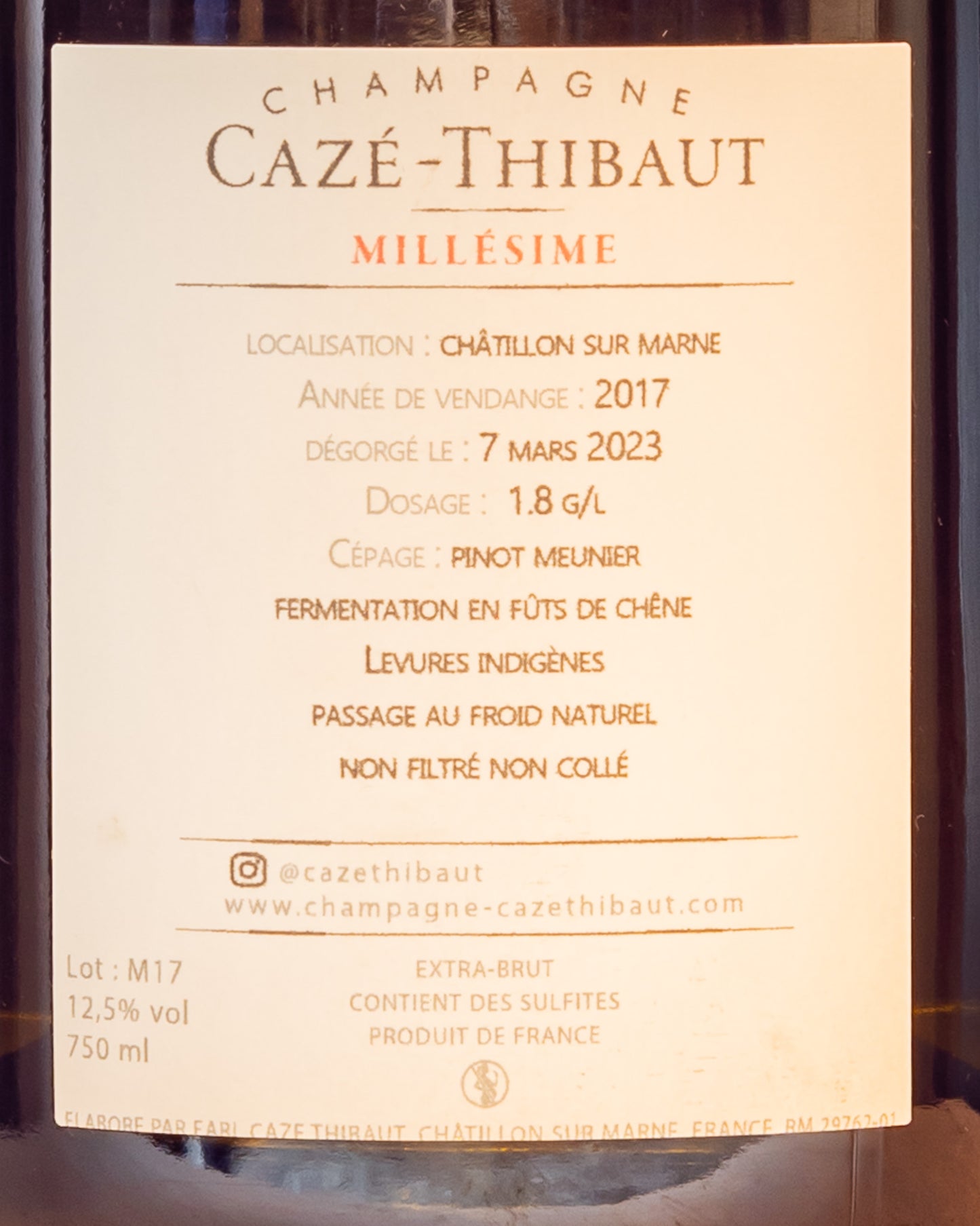 Caze Thibaut Millesime 2017 Champagne Extra Brut Valle Marne Vino Francia Meunier Retro Etichetta