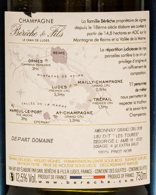 Champagne Bereche Extra Brut Ambonnay Les Tours 2016 Millesime Grand Cru Montagne Reims Vino Francia Pinot Nero Noir Retro Etichetta