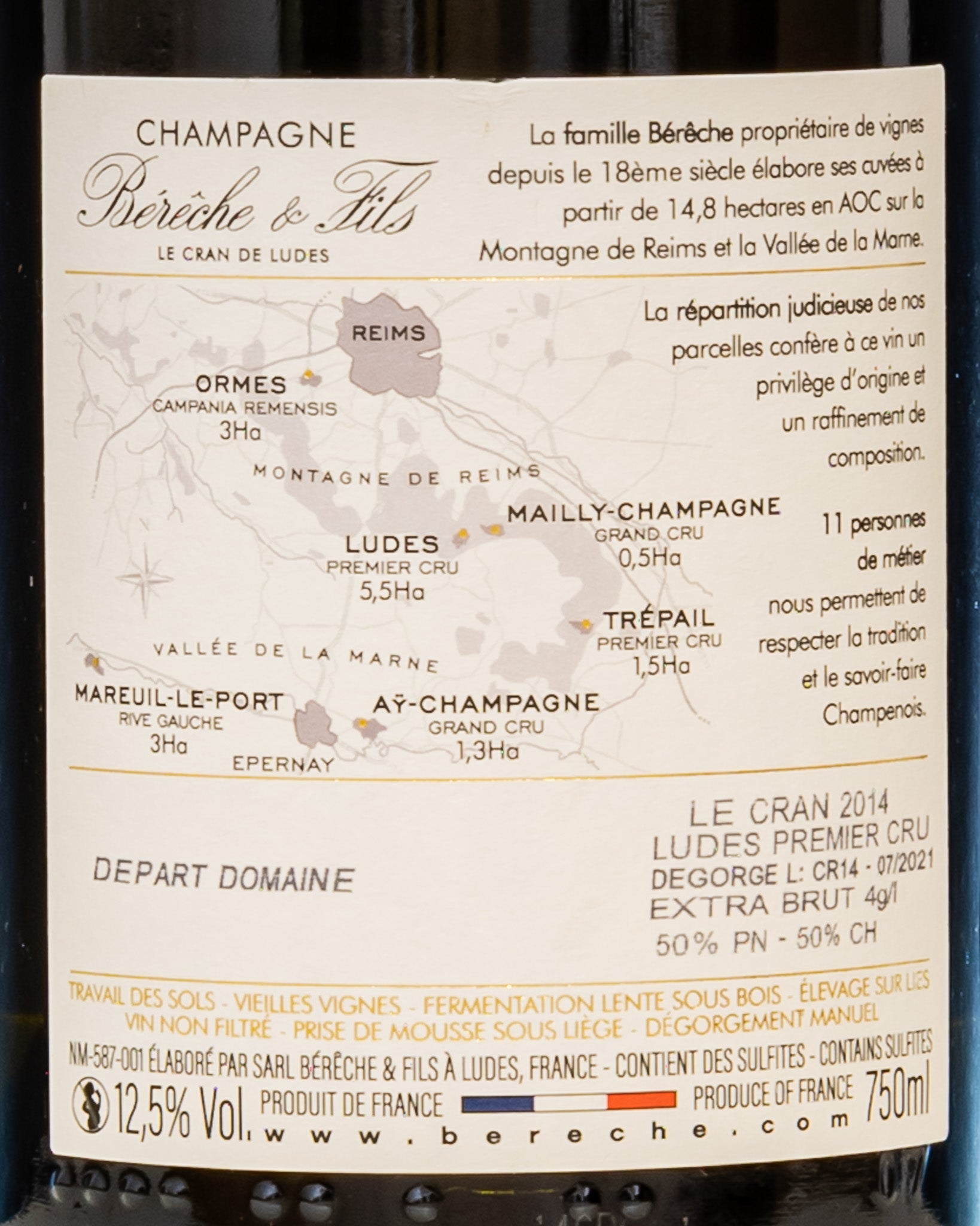 Champagne Bereche Extra Brut Cran 2014 Chardonnay Pinot Noir Nero Vino 1er Cru Premier Francia Retro Etichetta
