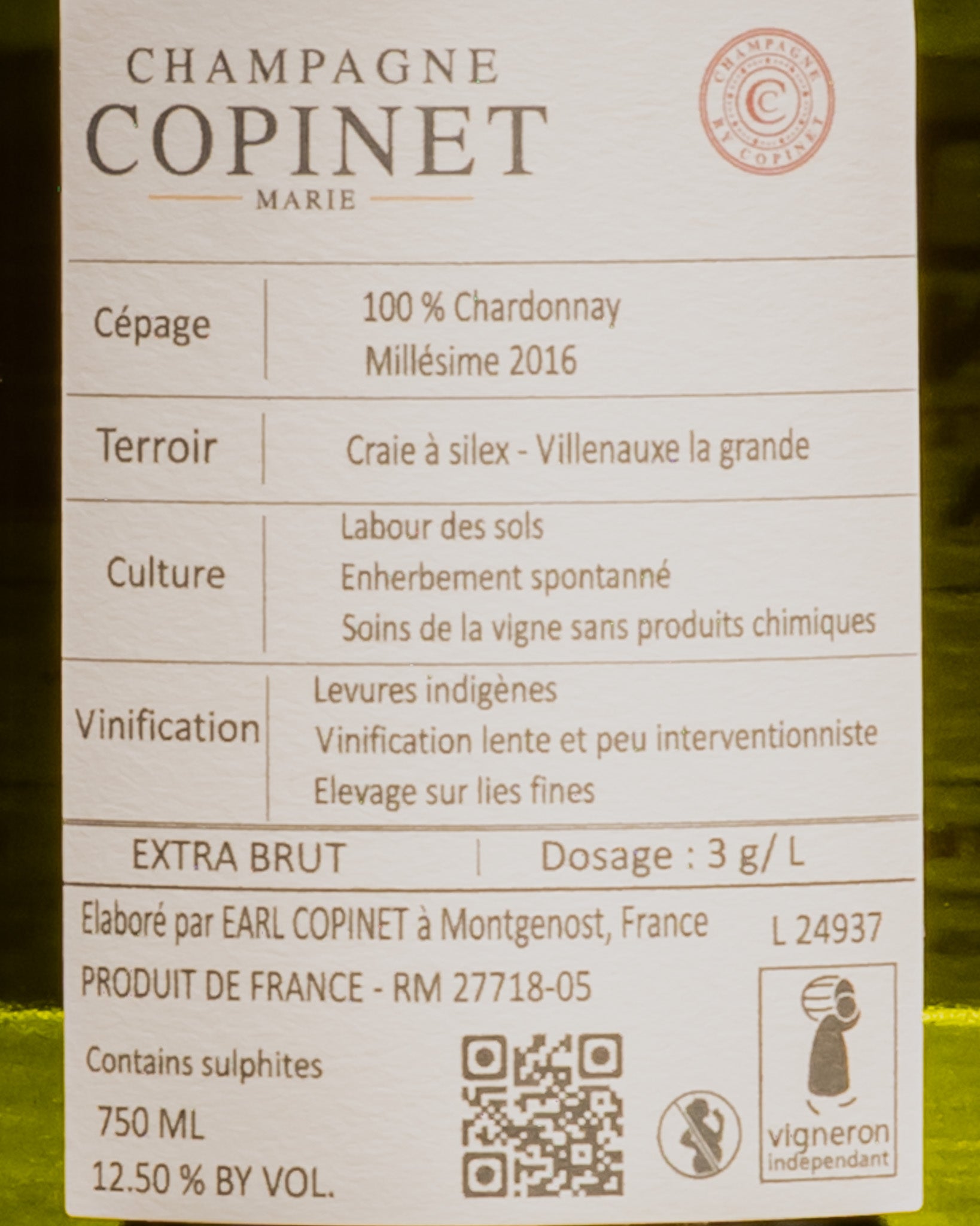 Champagne Marie Copinet Extra Brut Leonard Bdb Chardonnay Blanc Blancs Cote Sezanne 2016 Vino Francia Retro Etichetta