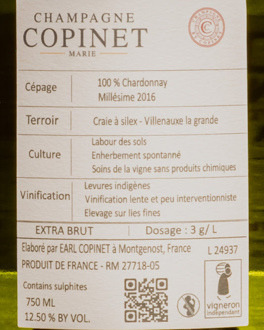 Champagne Marie Copinet Extra Brut Leonard Bdb Chardonnay Blanc Blancs Cote Sezanne 2016 Vino Francia Retro Etichetta