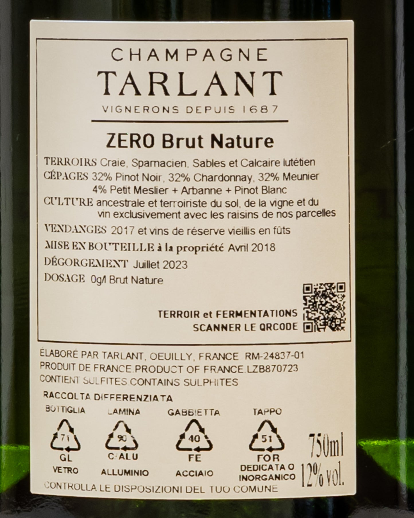 Champagne Tarlant Zero Brut Nature Chardonnay Pinot Noir Nero Meunier Blanc Bianco Arbanne Petit Meslier Vino Valle Marne Francia Retro Etichetta