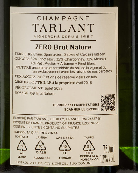 Champagne Tarlant Zero Brut Nature Chardonnay Pinot Noir Nero Meunier Blanc Bianco Arbanne Petit Meslier Vino Valle Marne Francia Retro Etichetta